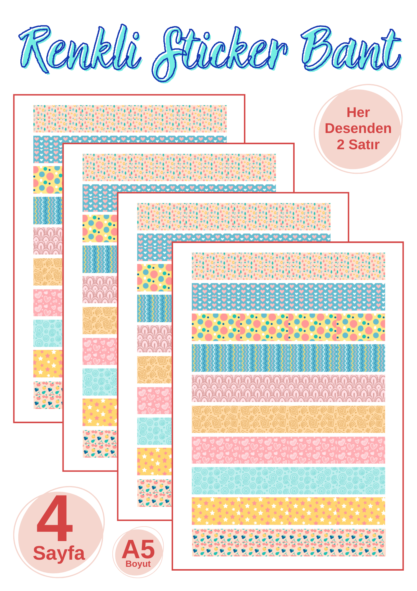 Etiketçi Paşa Eğlenceli, Karışık Desenli, Renkli Bant Sticker Seti - Fotoğraf Albümü Ajanda Defter - 4 Sayfa (A5)