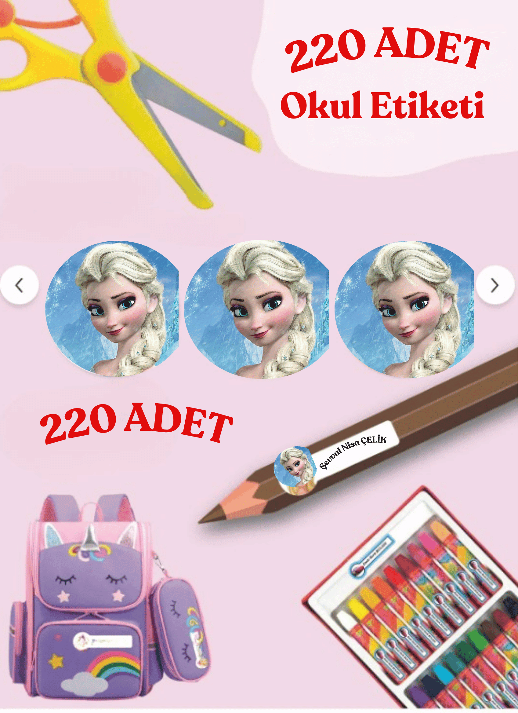 Elsa 220 Adet Okul Etiketi Kalem Defter Etiketi Elsa Temalı Özel İsim Yazılabilen Etiket