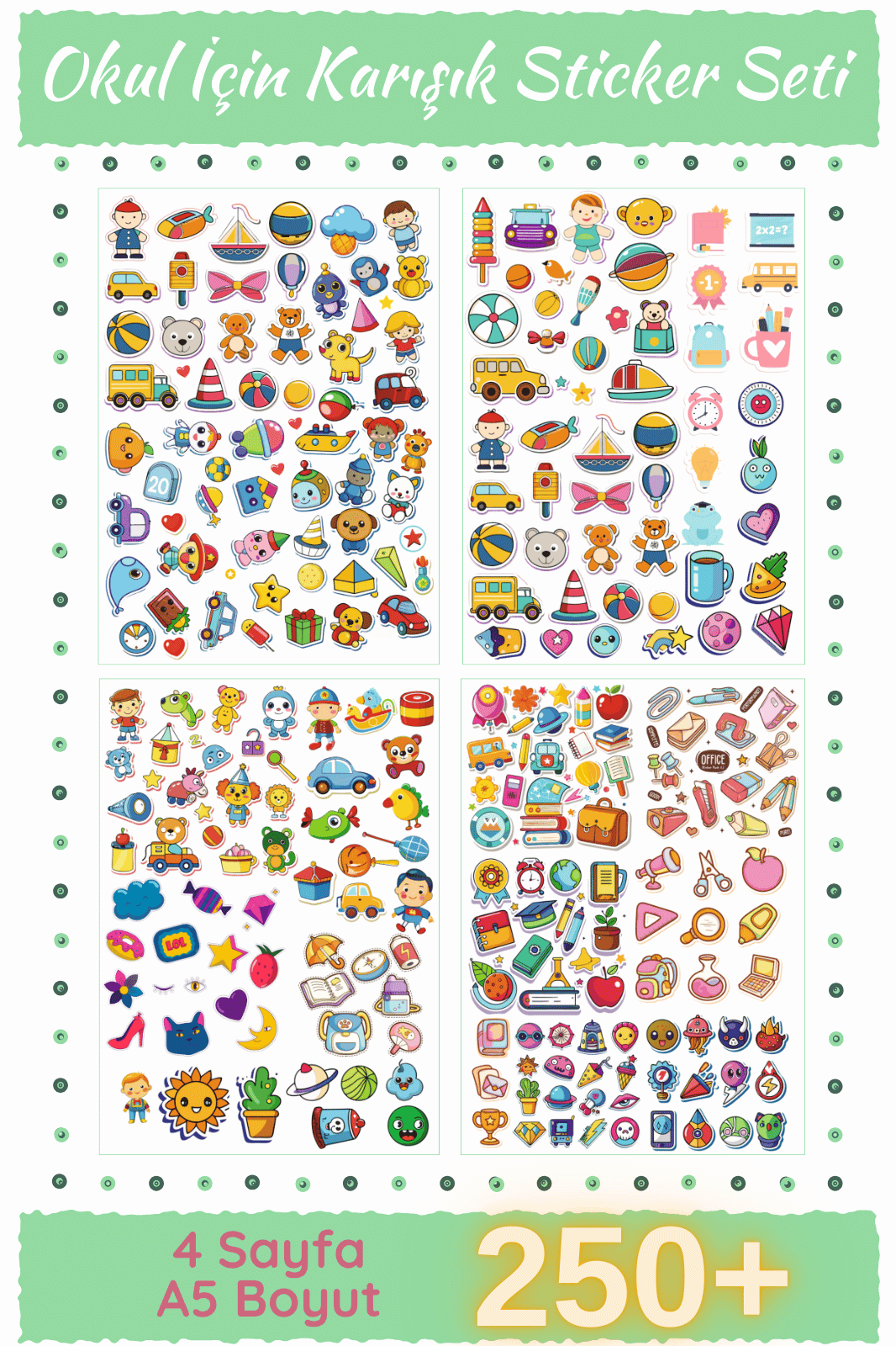 Etiketçi Paşa Okul İçin Karışık Sticker Seti - Etkinlik Defter Günlük Ajanda - 250+ 4 Sayfa A5 Boyut