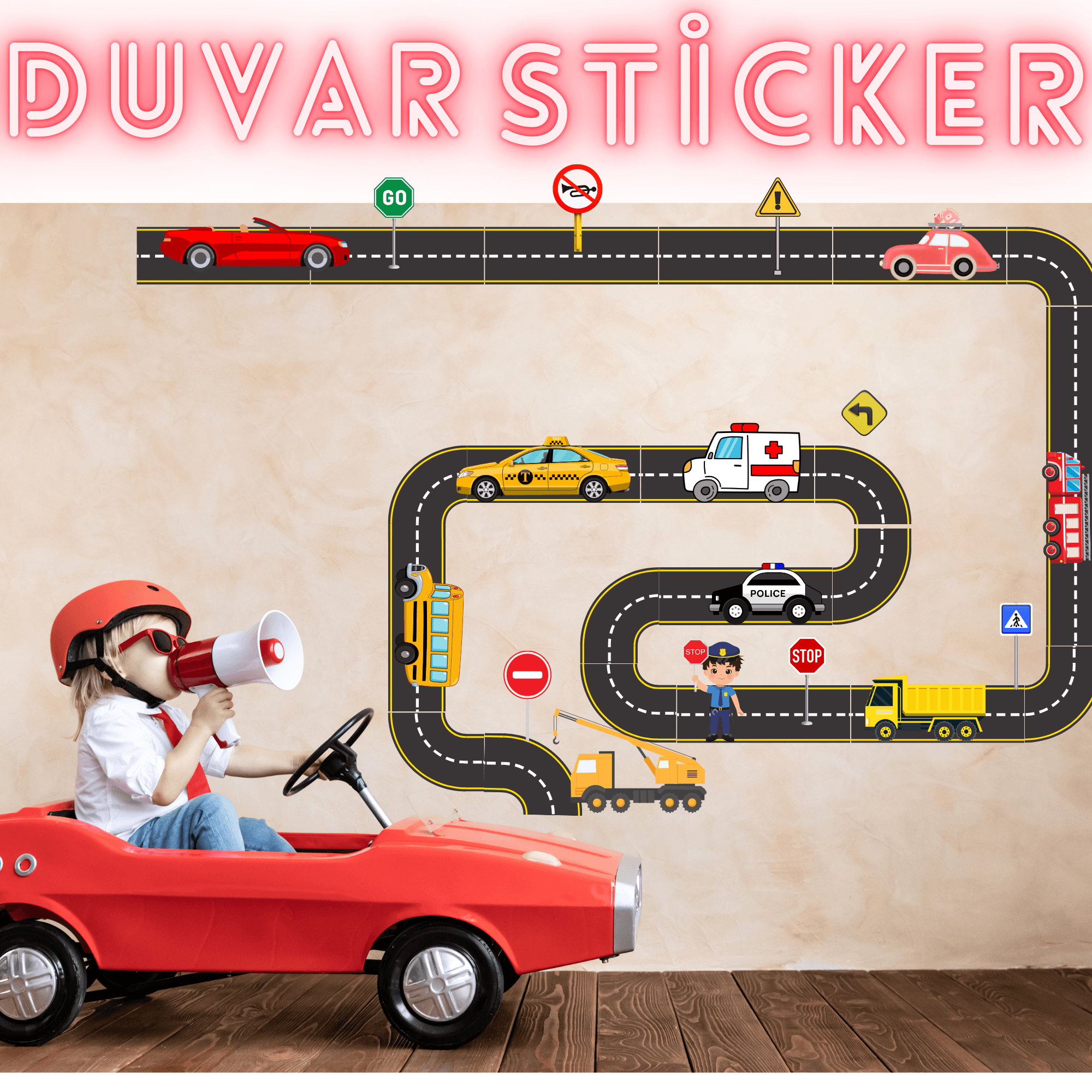 Etiketçi Paşa Trafik Levhaları, Araçlar ve Yollar Çocuk Odası Duvar Sticker Set