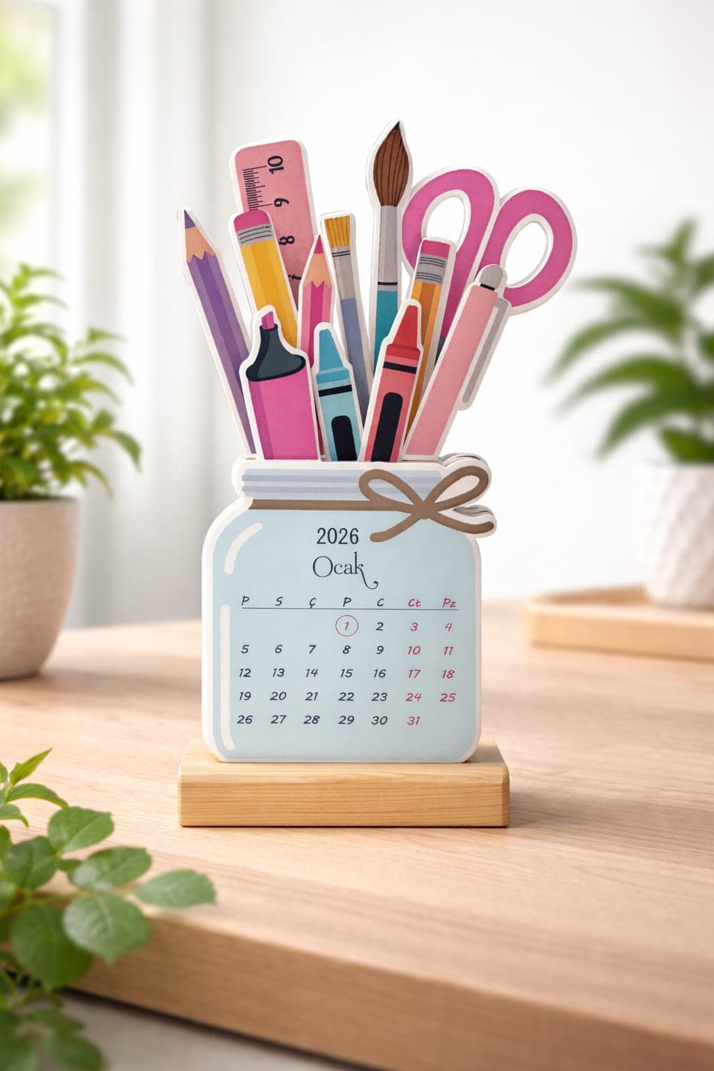 2026 Ofis Takvimi Ahşap Ayaklı Ofis Gereçleri Temalı Özel Tasarım Takvim, Ofis Gereçleri 2026 Takvim