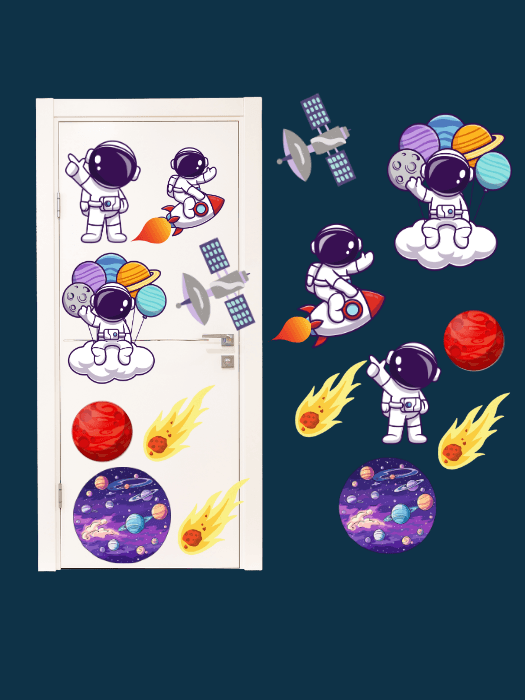 Etiketçi Paşa Astronot - Uzay- Gezegen - Kapı Duvar Çocuk Odası Sticker -8 li Set