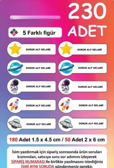 Etiketçi Paşa Premium Kalite 230 Adet Kişiye Özel Isimli Defter Kalem Okul Etiketi