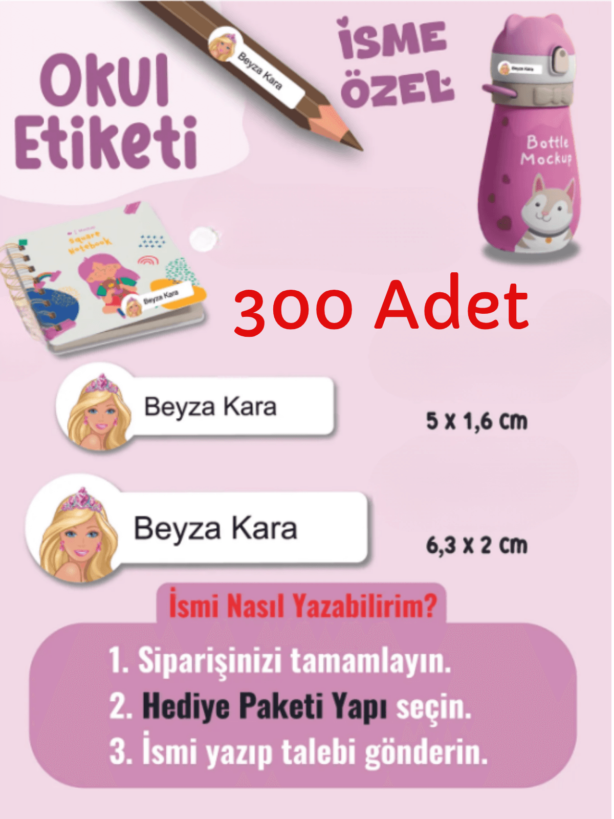 Etiketçi Paşa 300 Adet Barbie Okul Etiketi Kişiye Özel İsme Özel Kalem Etiketi Defter Etiketi Kitap Etiketi