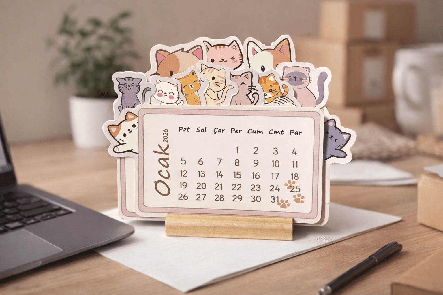 2026 Ahşap Standlı Kedili Özel Tasarım Takvim, 2026 Kedi Takvim Masaüstü Yılbaşı Yeni Yıl Hediyesi