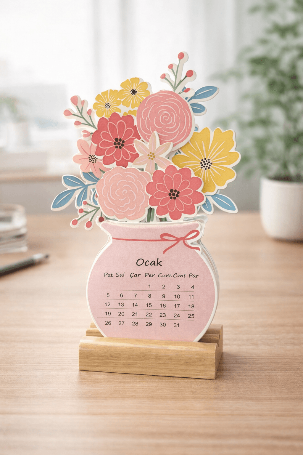 2026 Ahşap Ayaklı Küçük Çiçek Demeti Tasarım Mini Özel Tasarım Takvim, 2026 takvim
