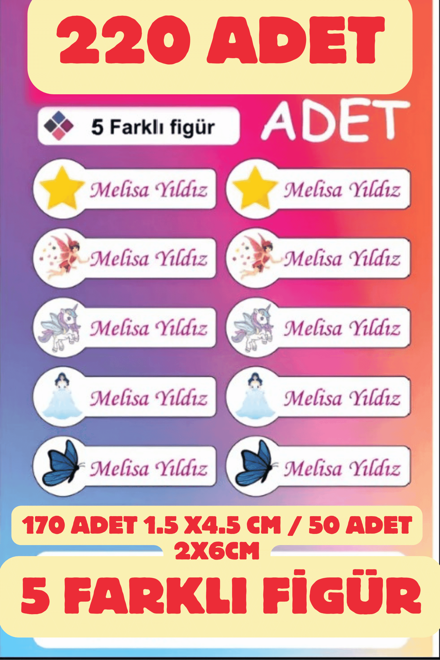 Etiketçi Paşa Okul etiket 220 Adet Kişiye Özel İsimli Defter Kalem Okul Etiketi sticker